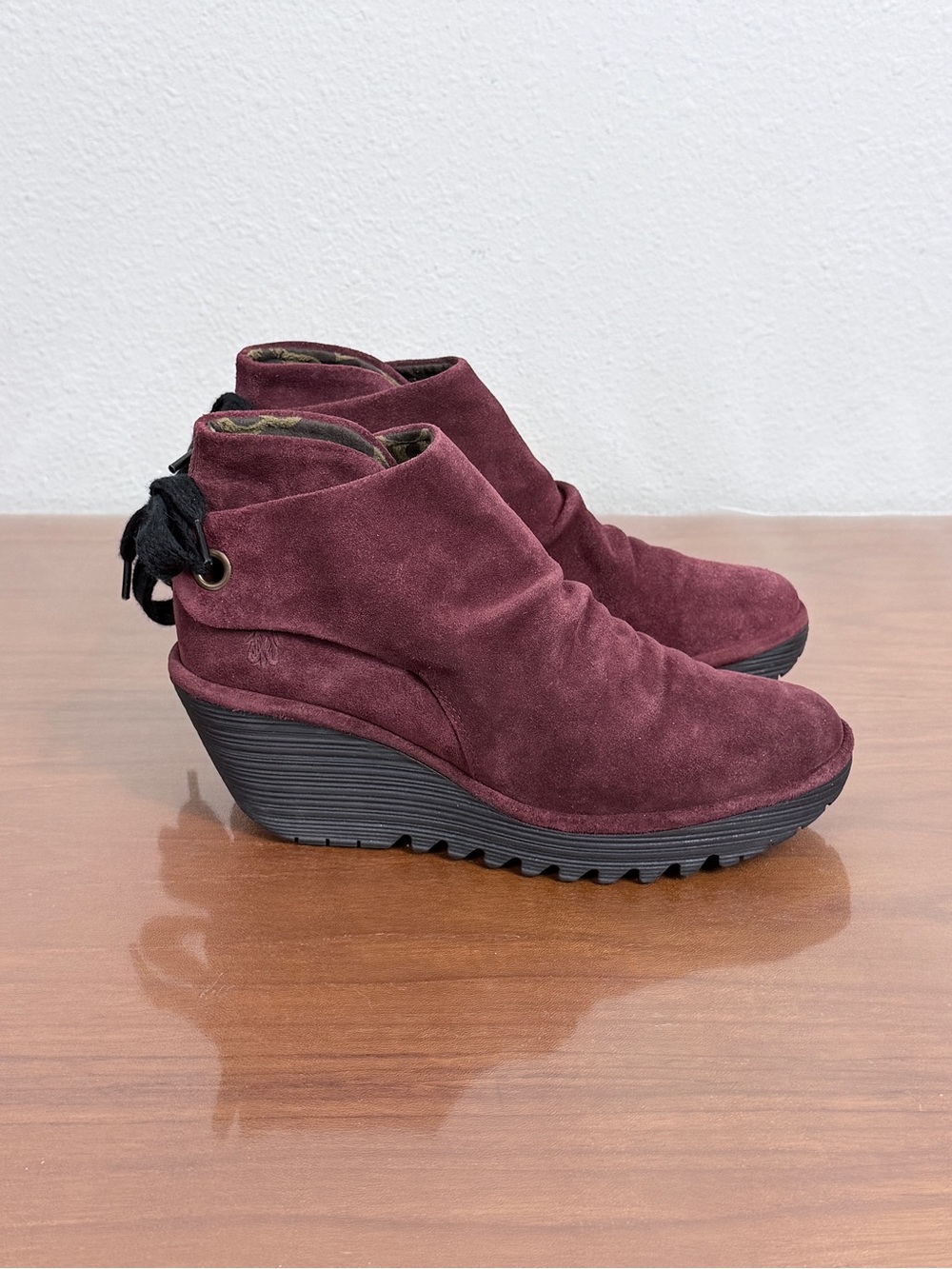 Fly London Yama Burgundy Suede Wedge Ankle Booties 38